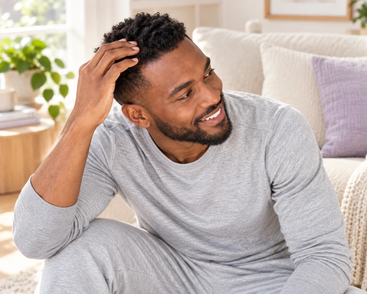 A man at home running a hand through his hair